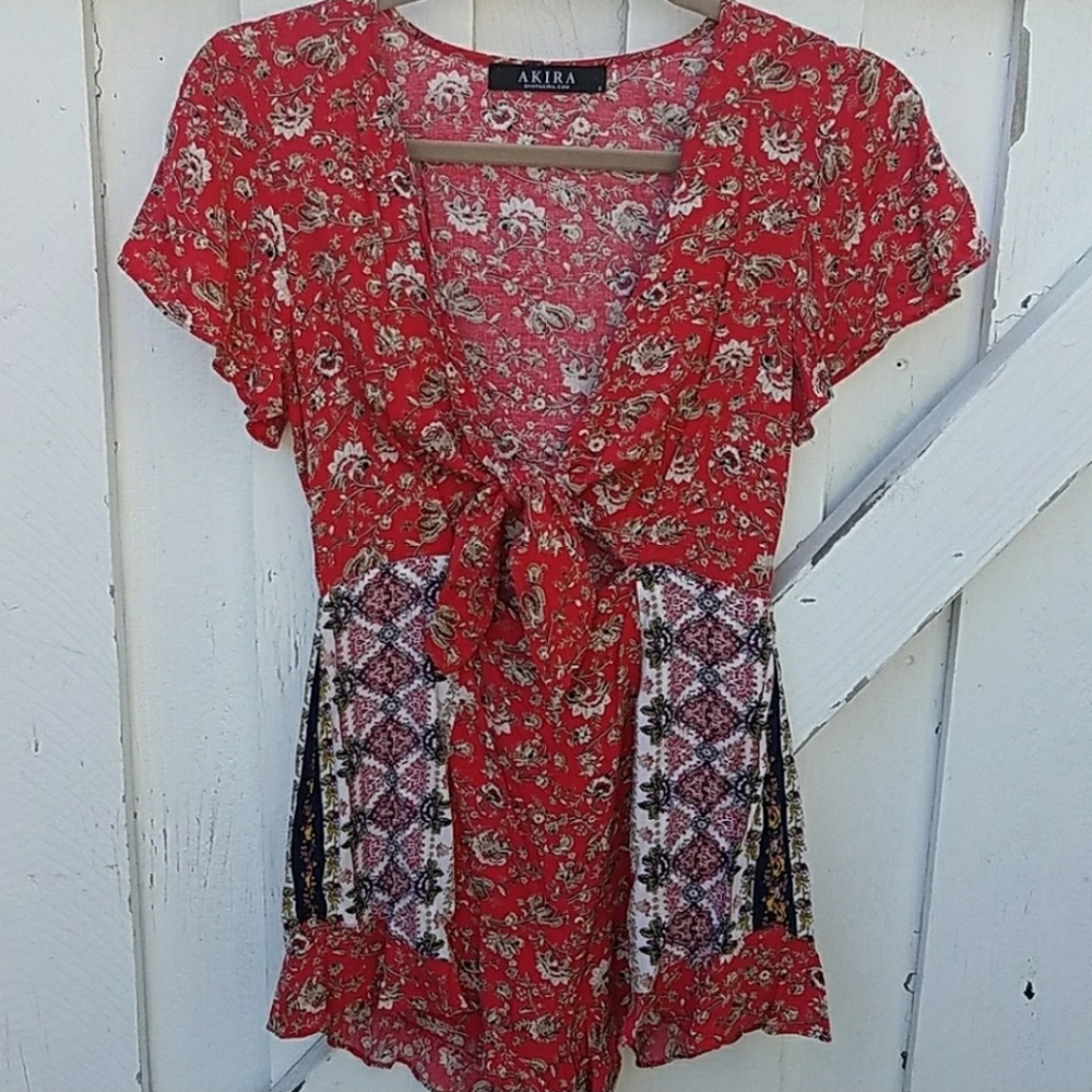 Akira Red Floral Boho Romper